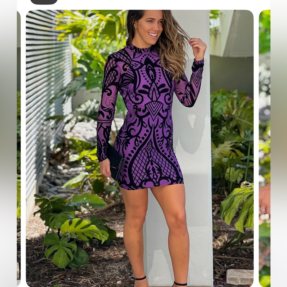 Purple and Black Artistic Long Sleeve Mini Dress NWT